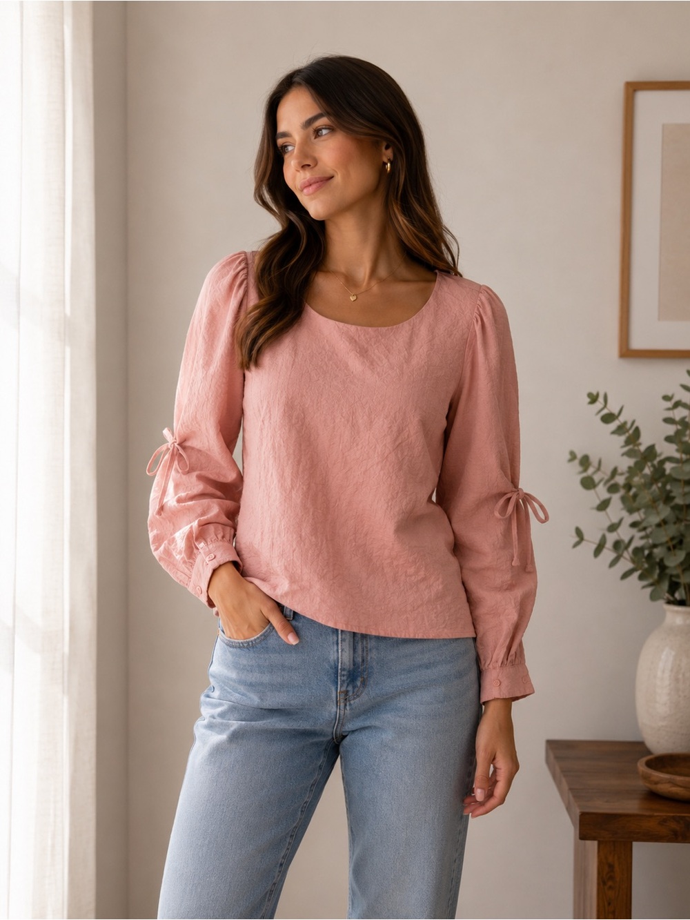 Women's Textured Tie-Sleeve Blouse in Blush Pink - Picture 7 of 8